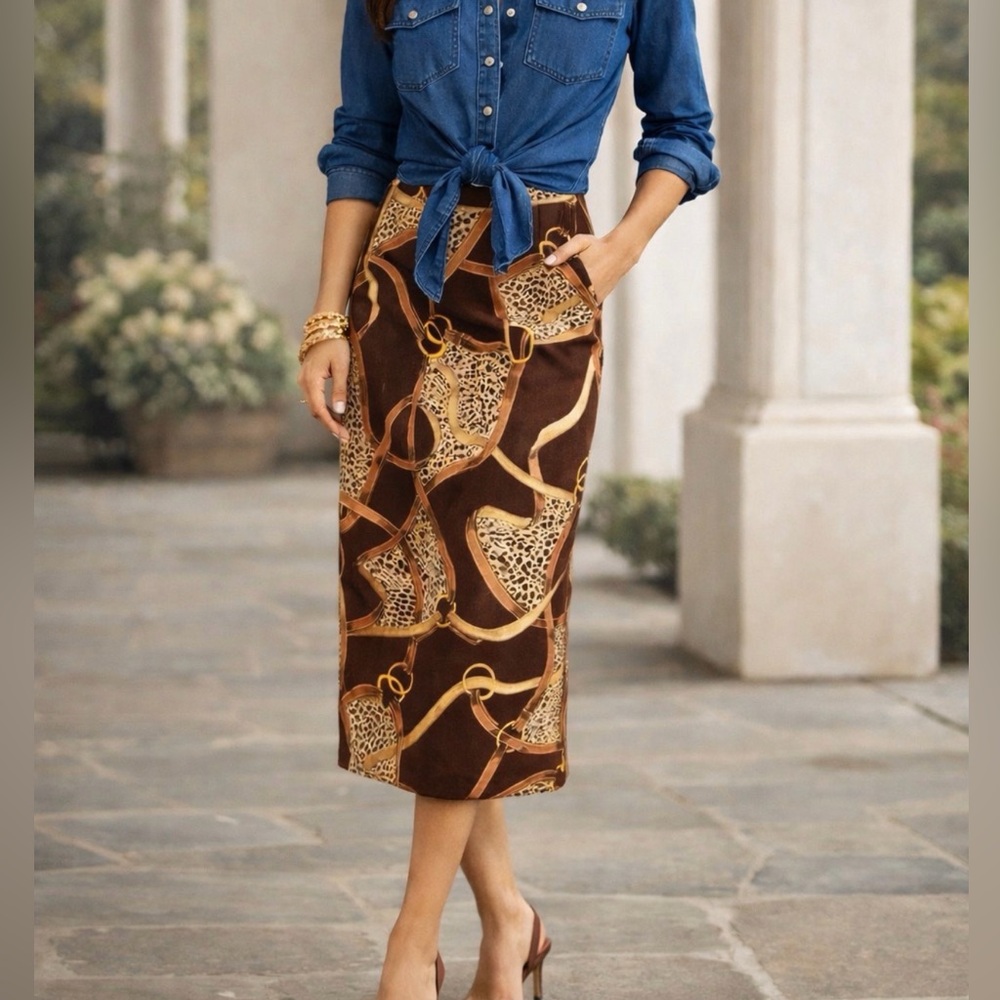 WMNS 8 Vintage Silk Club Collection Equestrian & Leopard Midi Skirt Lauren style